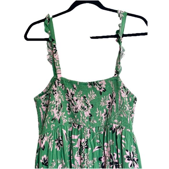 Torrid Sz 3 Plus Size Midi Dress Smocked Bodice Green Pink Flowers Cottagecore - Picture 2 of 8
